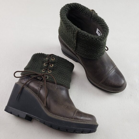Timberland Kellis Mid Wedge Boot Womens 7.5 Brown Leather Lace Up Fold Down - Picture 1 of 12
